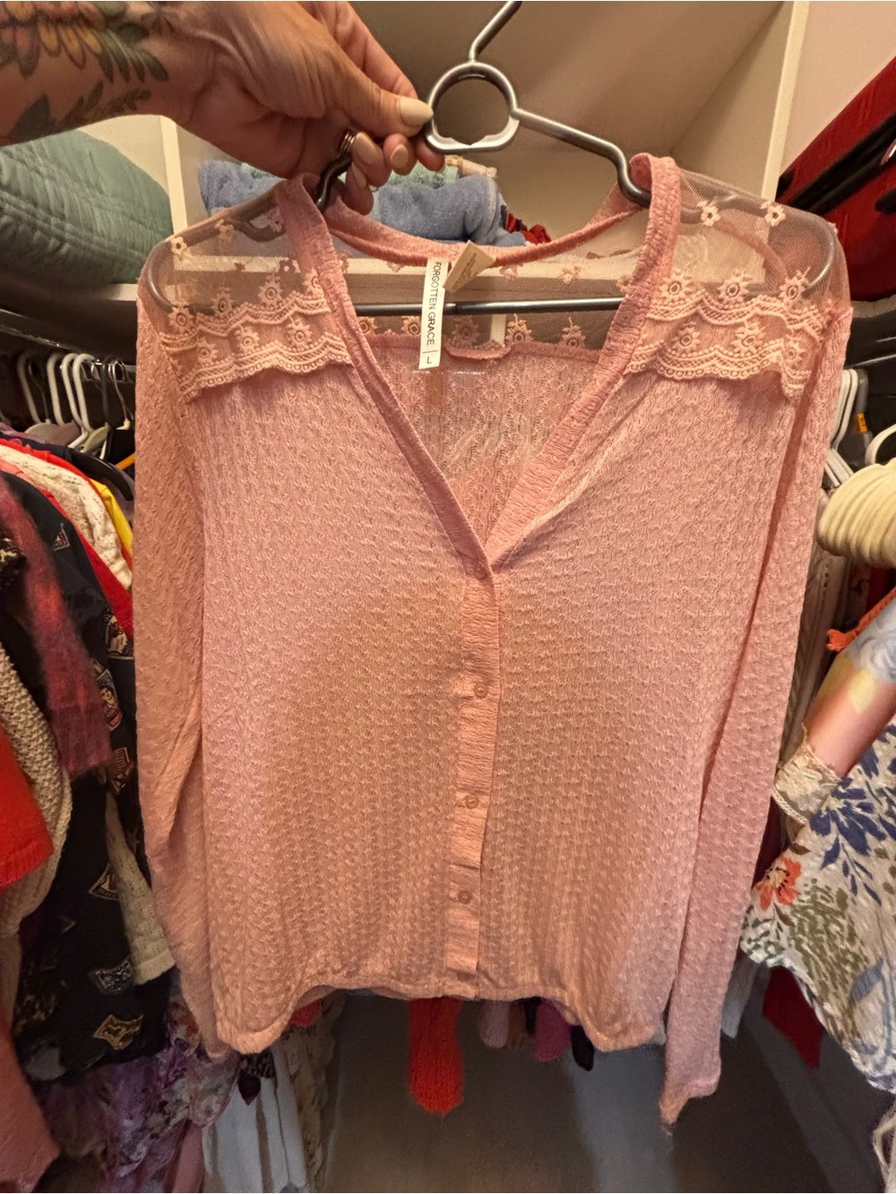 Forgotten Grace Pink Lace Yoke Button Front Top